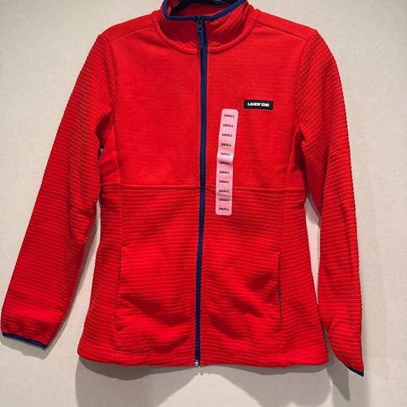 Lands' End - ladies grid Fleece Zip Up Jacket.  Size Small.  NWT. Orange - Picture 3 of 16
